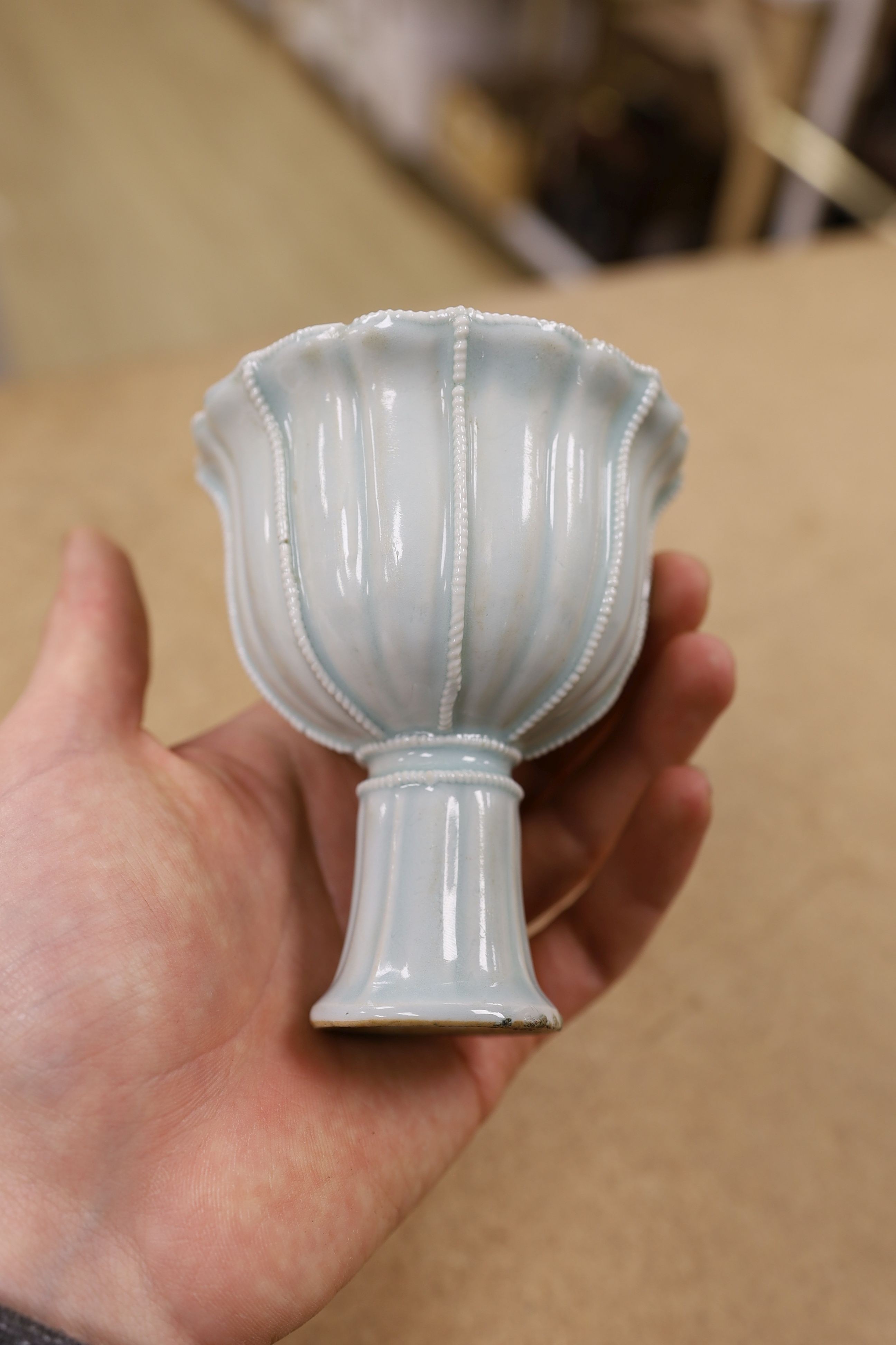 A Chinese Qingbai type stem cup., 10 cms high.